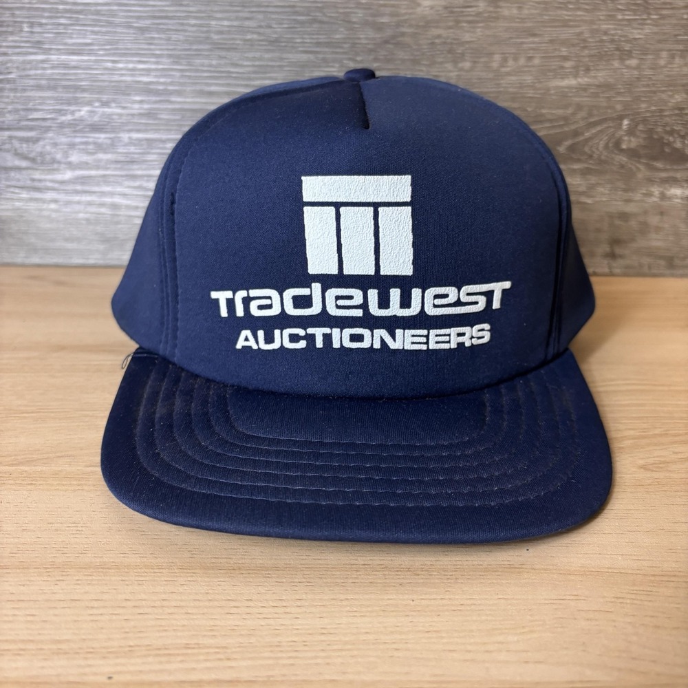 Vintage Tradewest Auctioneers Hat Cap Snap Back Navy Blue White Trucker Mens